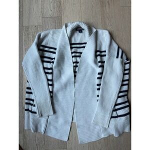 Lands End Drifter Cardigan Sweater Womens Small White Navy Blue Striped Ribbed